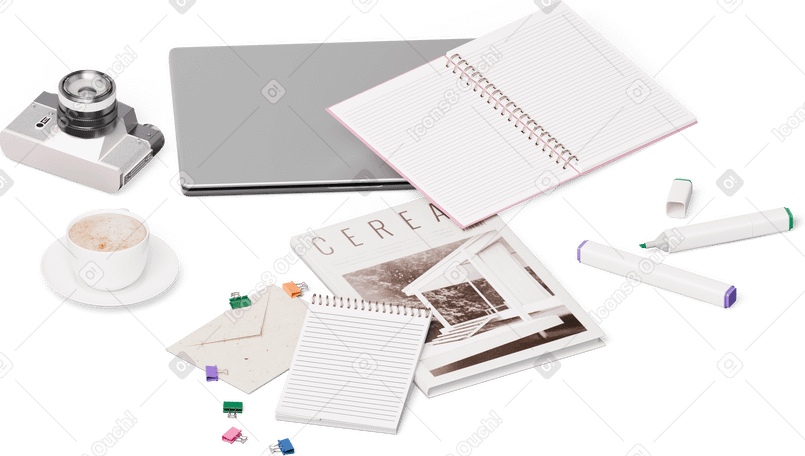 3D isometric view of closed laptop, magazine, camera, notebooks, markers and pins PNG, SVG