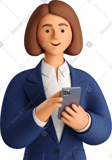 Businesswoman in blue suit with phone looking straight PNG, SVG