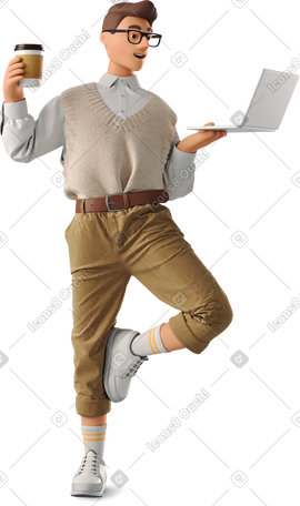 3D man standing with laptop and coffee PNG, SVG