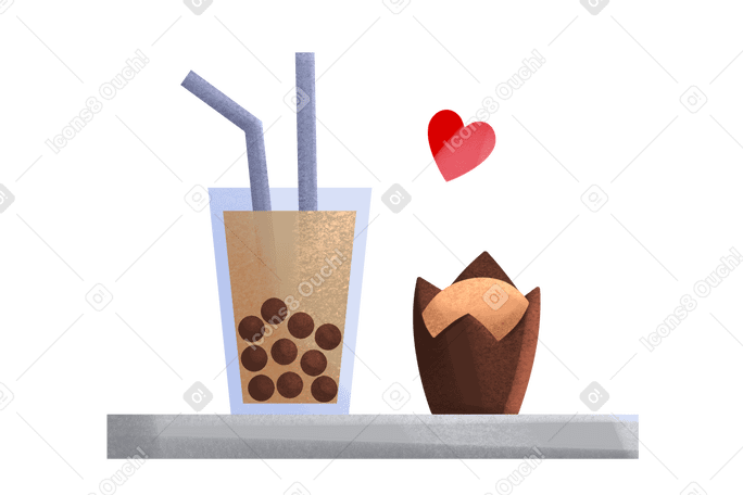 Tray with bubble tea and muffin PNG, SVG