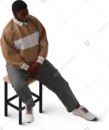 3D isometric view of young man sitting on stool PNG, SVG