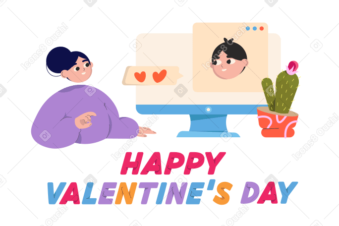 Happy Valentine's Day text under a girl talking to a guy on a video call PNG, SVG