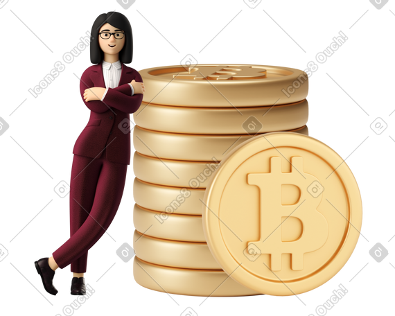 3D 身着红色西装的比特币顾问女士靠在一堆硬币上 PNG, SVG