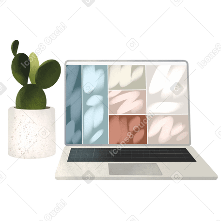 Workplace with laptop and cactus PNG, SVG