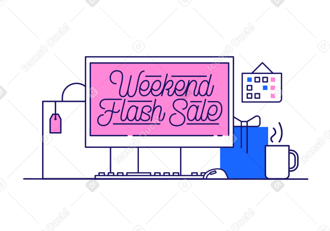 Lettering Weekend Flash Sale on screen with purchased goods Illustration in PNG, SVG