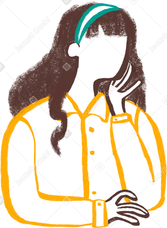 woman with long curly hair sitting with her chin on her hand Illustration in PNG, SVG