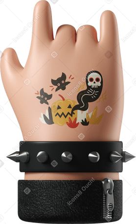 3D Rocker's white skin hand with a tattoo showing rock sign PNG, SVG