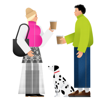 Jovem e mulher conversando tomando café PNG, SVG