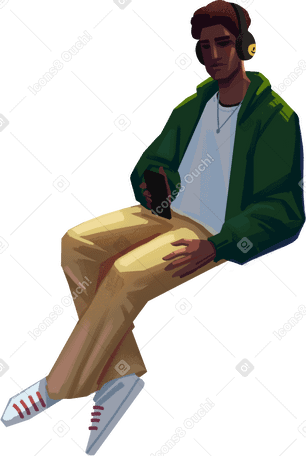 man sitting with headphones and watching his phone в PNG, SVG