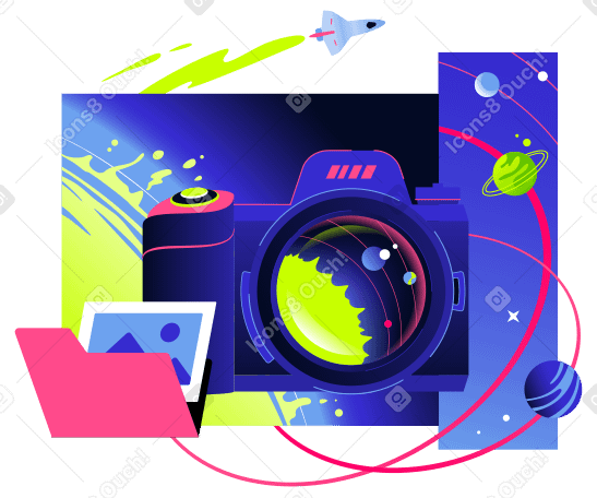 Camera with an image folder and a solar system PNG, SVG