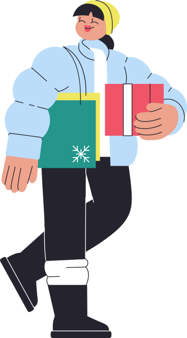 woman in winter clothes walking with gifts PNG, SVG