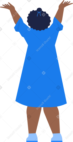 graduate girl with afro hair in robe stands with her hands raised up Illustration in PNG, SVG