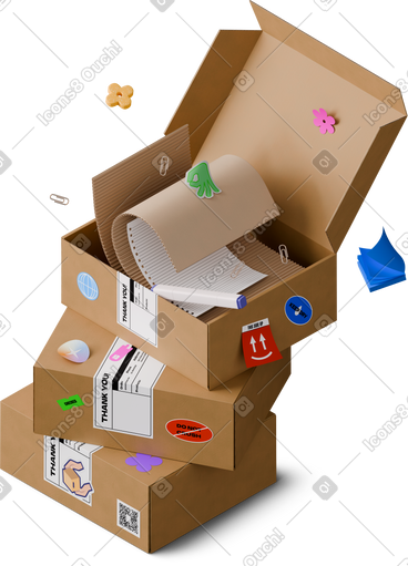 Isometric view of stack of boxes and open box with papers PNG, SVG