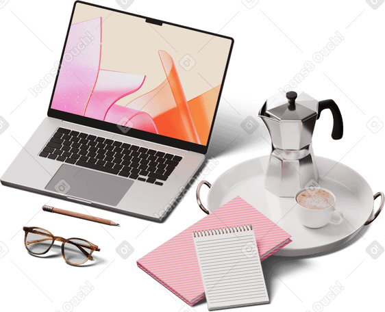 3D isometric view of laptop, notebooks and tray with moka pot and cup PNG, SVG