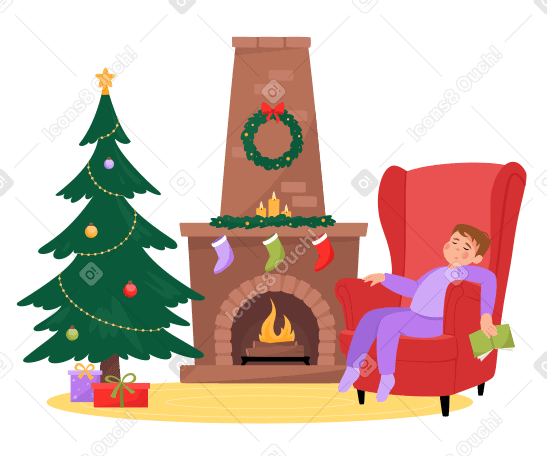 Boy fell asleep in a chair near the Christmas tree PNG, SVG