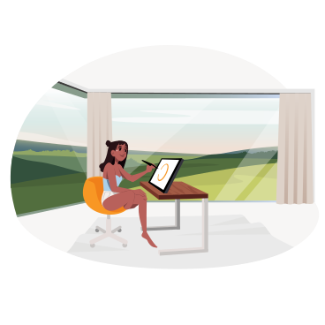 Ilustração animada de Ilustradora de designer de garotas trabalhando em casa com uma visão panorâmica da natureza em GIF, Lottie (JSON), AE