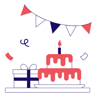 Праздничный торт с подарком и гирляндой в PNG, SVG