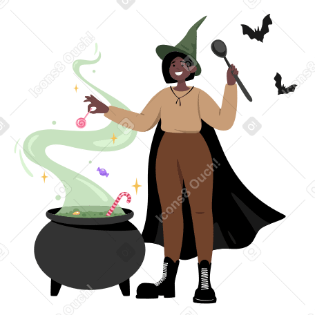 Witch brews a potion in a cauldron PNG, SVG