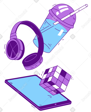Tablet, headphones, rubik's cube and drink for gaming and entertainment PNG, SVG