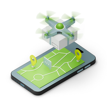 Mini drone with package landing on map in smartphone PNG, SVG