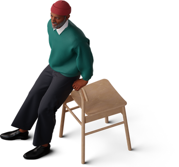 Vue isométrique d'un homme appuyé sur une chaise PNG, SVG