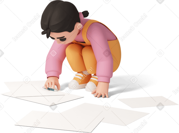 3D little girl drawing on floor PNG、SVG