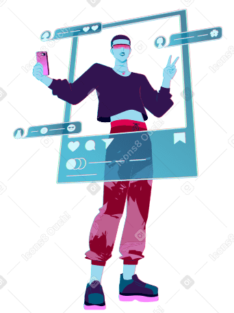 Young man with a phone publishing a post on a social network PNG, SVG