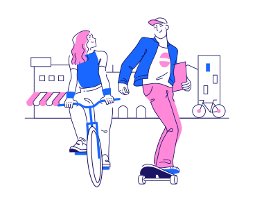Girl on bicycle and guy on skateboard against backdrop of a cityscape PNG, SVG