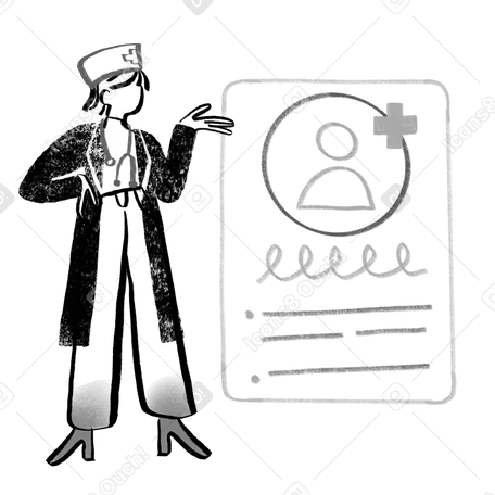 Black and white doctor looking at patient`s card PNG, SVG