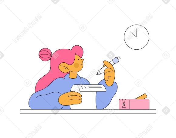Girl taking test and looking at clock Illustration in PNG, SVG