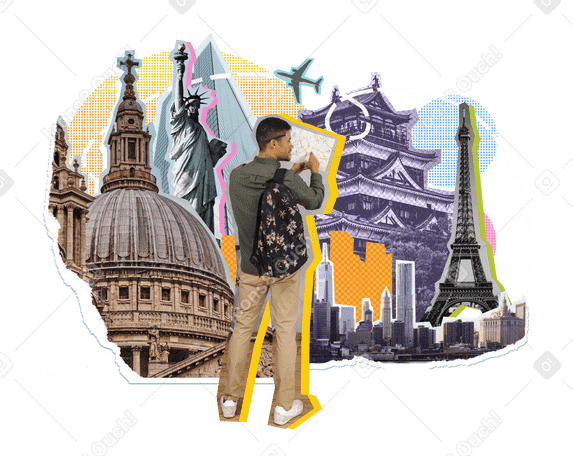 Travelling collage with famous sights PNG, SVG