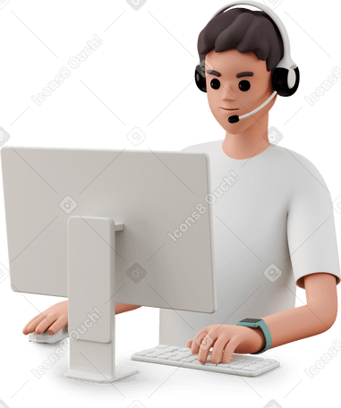 3D young man in headset using computer PNG, SVG