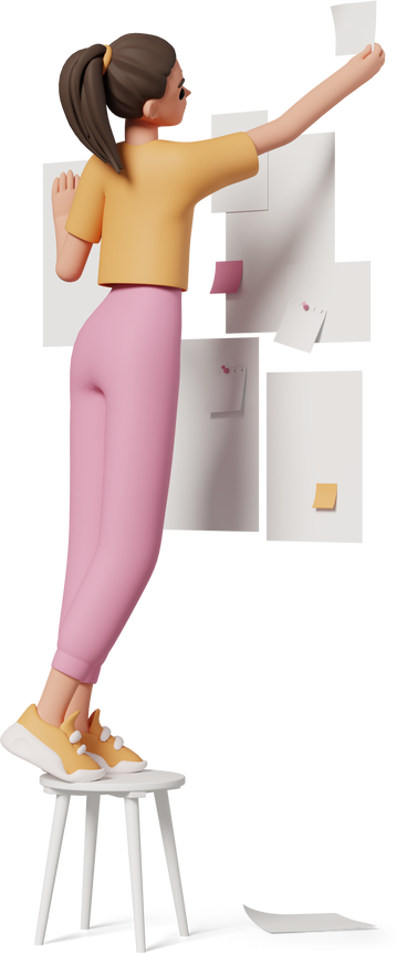 young woman sticking notes on wall PNG, SVG