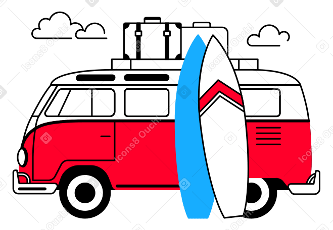 Red van with suitcases on the roof rack and surfboards Illustration in PNG, SVG