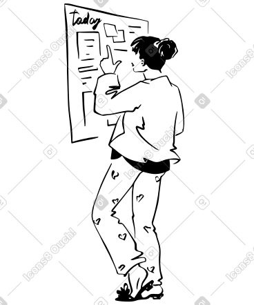 Woman in pajamas looking at today's tasks board PNG, SVG