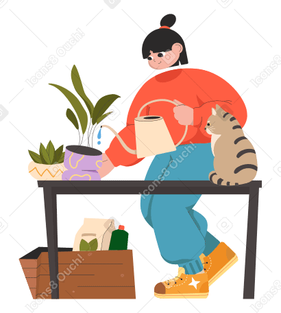Girl with a cat takes care of houseplants and waters them Illustration in PNG, SVG