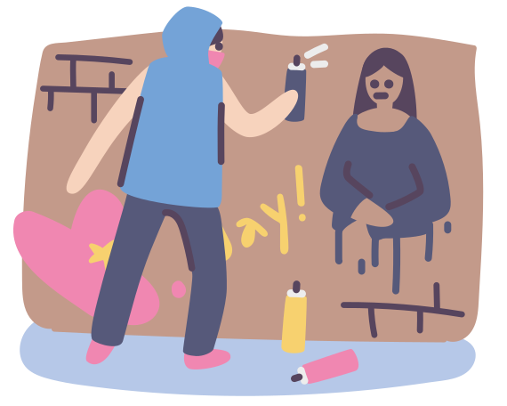 Man in a mask and a hood spraying graffiti on a brick wall Illustration in PNG, SVG