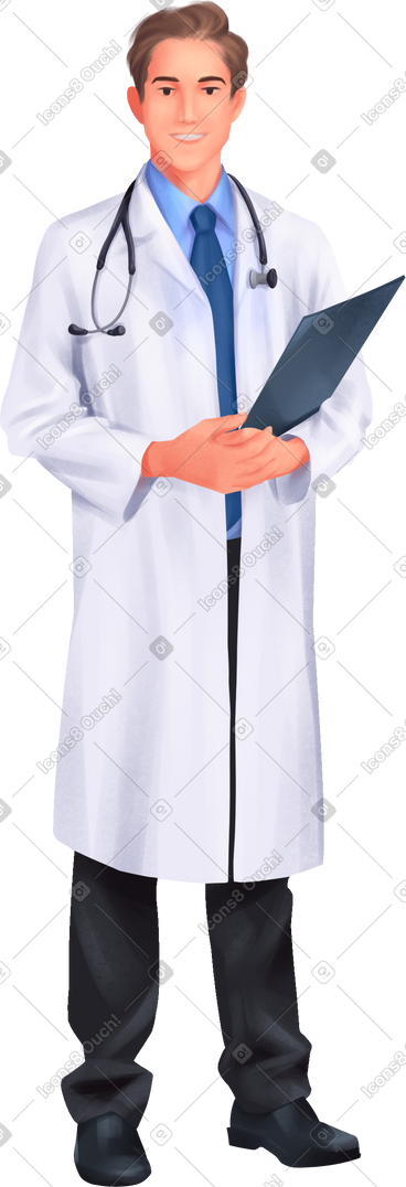 Doctor in white coat holding documents PNG, SVG