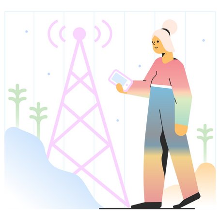 Woman with phone next to cell tower Illustration in PNG, SVG
