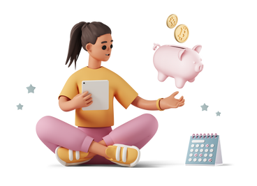 Girl planning budget with tablet and piggy bank PNG, SVG