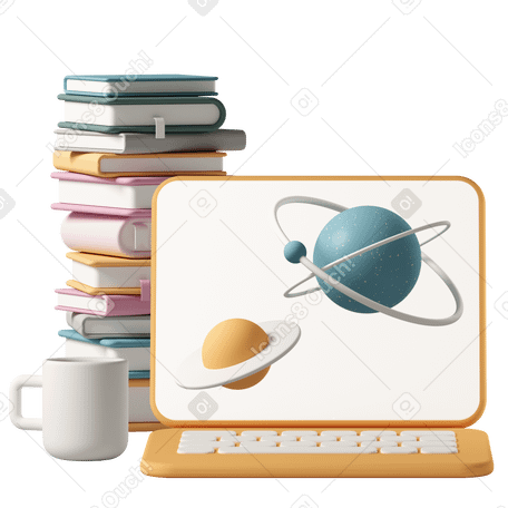 3D stack of books and mug next to laptop screen showing planets  Illustration in PNG, SVG