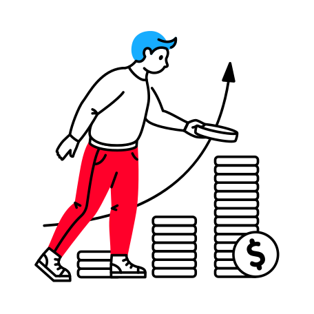 Man puts a coin on a stack of coins and observes financial growth Illustration in PNG, SVG