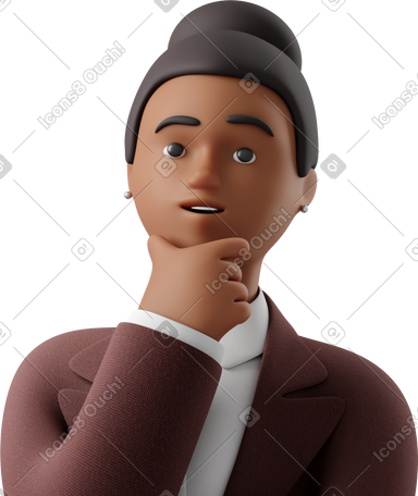 3D close up of black pondering businesswoman in brown suit PNG, SVG