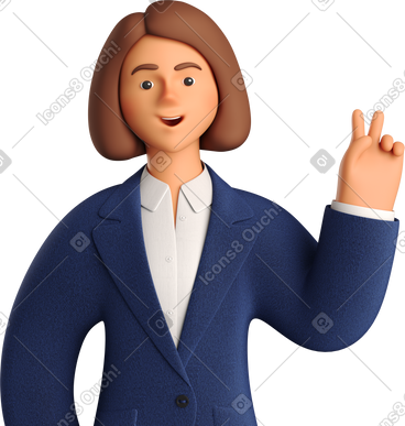 Businesswoman in blue suit with peace sign hand PNG, SVG