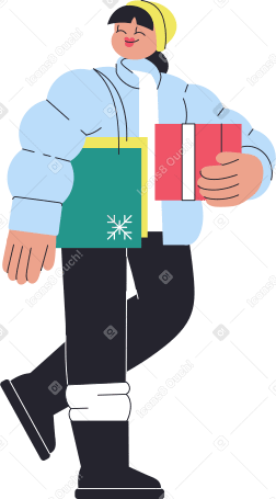 woman in winter clothes walking with gifts Illustration in PNG, SVG