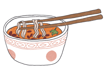 Soup with noodles in a white plate and two sticks PNG, SVG