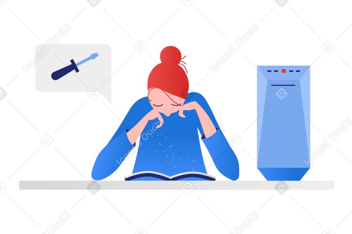 Woman studying instructions for assembling a computer Illustration in PNG, SVG