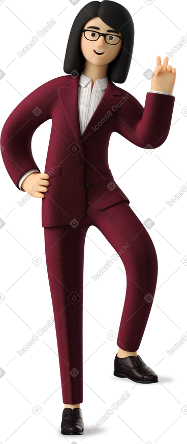 Businesswoman in red suit leaning with one leg and showing peace sign PNG, SVG