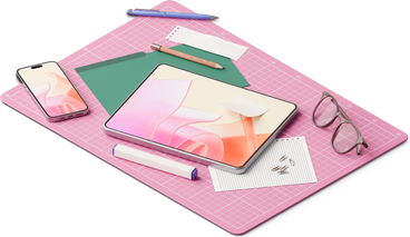 isometric view of desk with smartphone tablet and papers PNG, SVG