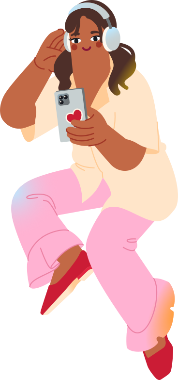Женщина в наушниках смотрит в свой телефон в PNG, SVG